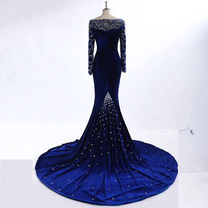 Real Pictures Royal Blue Velvet Mermaid Evening Dress 2017 Crystal