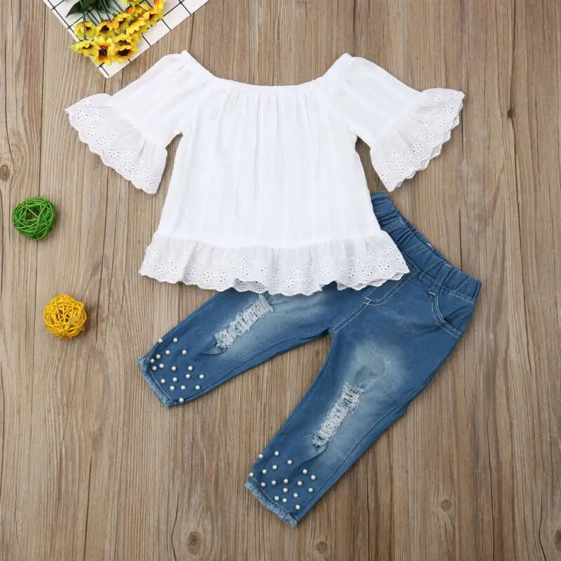 Toddler Kids Clothes Girls Ruffles Sleeve Off Shoulder Tops Denim