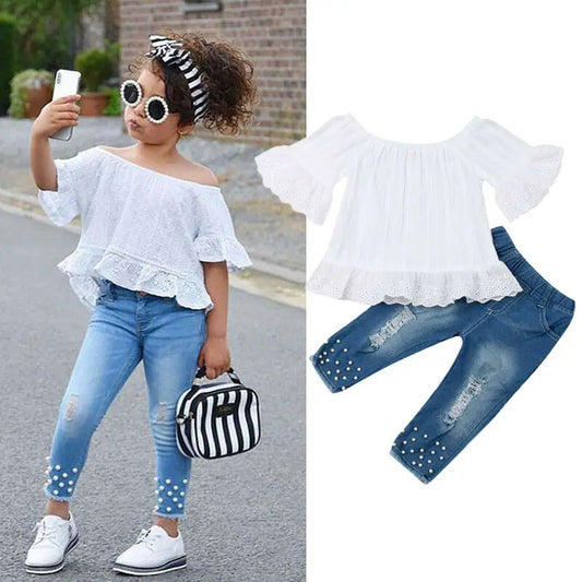 Toddler Kids Clothes Girls Ruffles Sleeve Off Shoulder Tops Denim