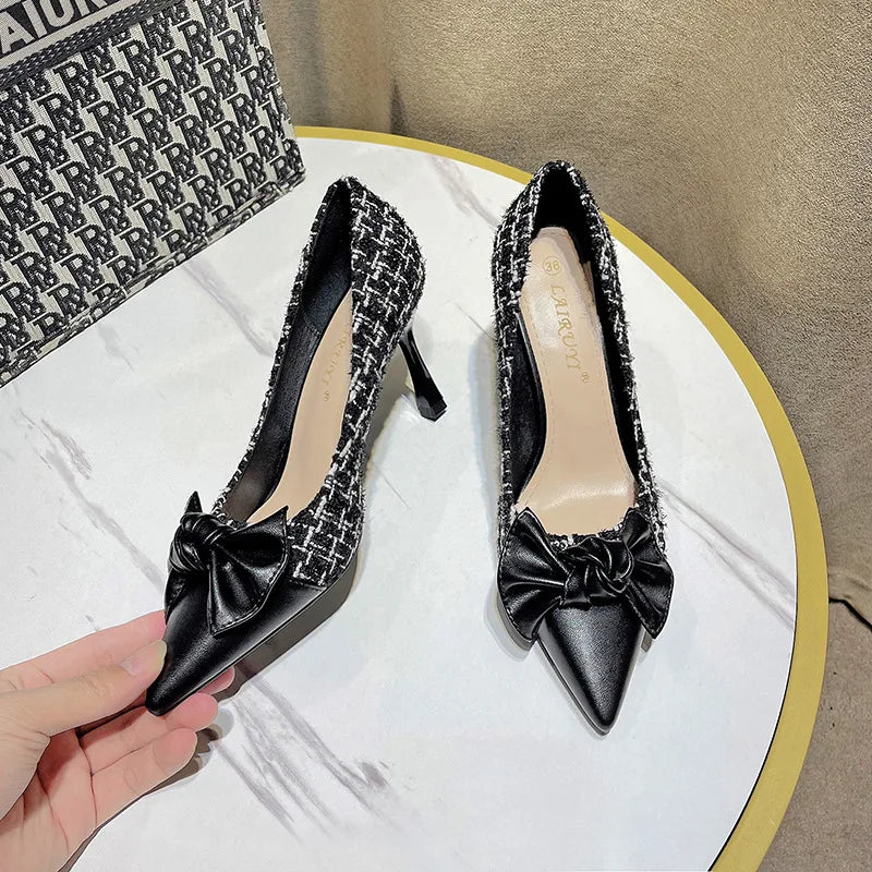 New Spring Summer Women Stilettos Female Pointed-toe Bowknot Color