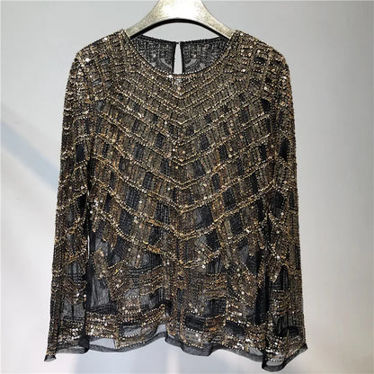 Fashion Sequin Beading Shirt Women Luxury Sexy Full Sleeve O-neck