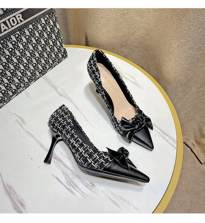 New Spring Summer Women Stilettos Female Pointed-toe Bowknot Color