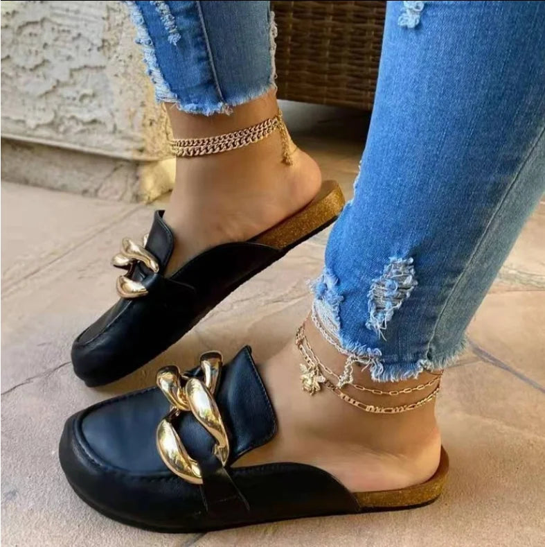 New Niche Shoes Design Chain Half Outer Wear Flat Slippers women's