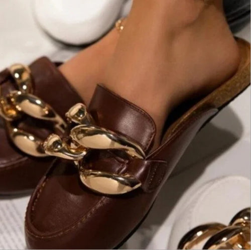 New Niche Shoes Design Chain Half Outer Wear Flat Slippers women's