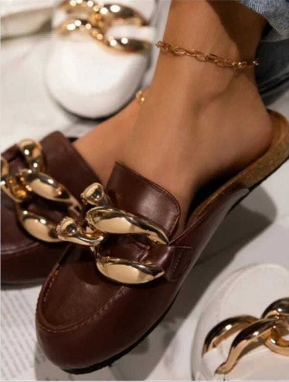 New Niche Shoes Design Chain Half Outer Wear Flat Slippers women's