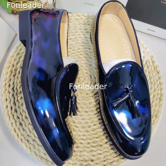 Size 38-47 Blue Color Patent Leather Dress Shoes Classic Casual Design