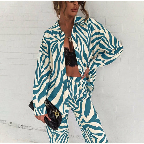 Loose Stripe Women Shirt Pants Two Piece