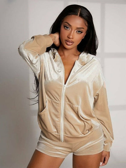 Velour 2 Piece Shorts Set Long Sleeve Pocket Zipper Hoodie And Elastic