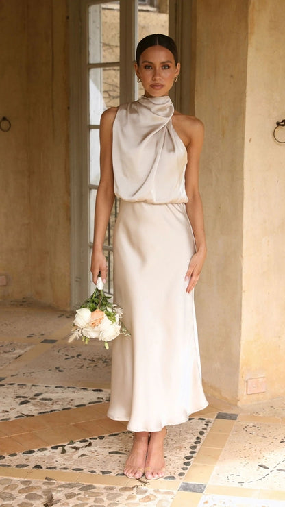 Sleeveless Satin Halterneck Solid Color Women's Dress