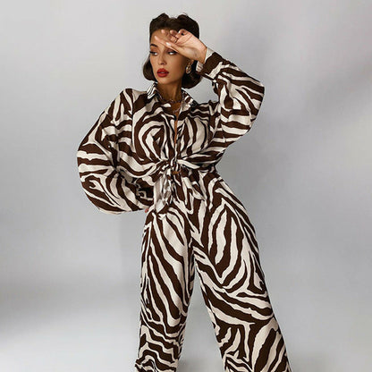 Stripes Pants Set Long Sleeve Blosue Matching Wide Trousers Suit