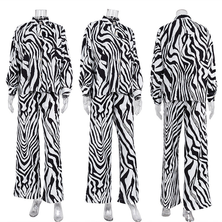 Stripes Pants Set Long Sleeve Blosue Matching Wide Trousers Suit