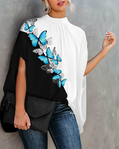 Summer Casual Fashion Print Split Batwing Sleeve Top