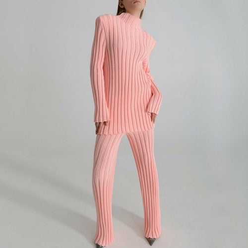 High Street Cotton Turtleneck Long Sleeve Knitted Pants Suit Women