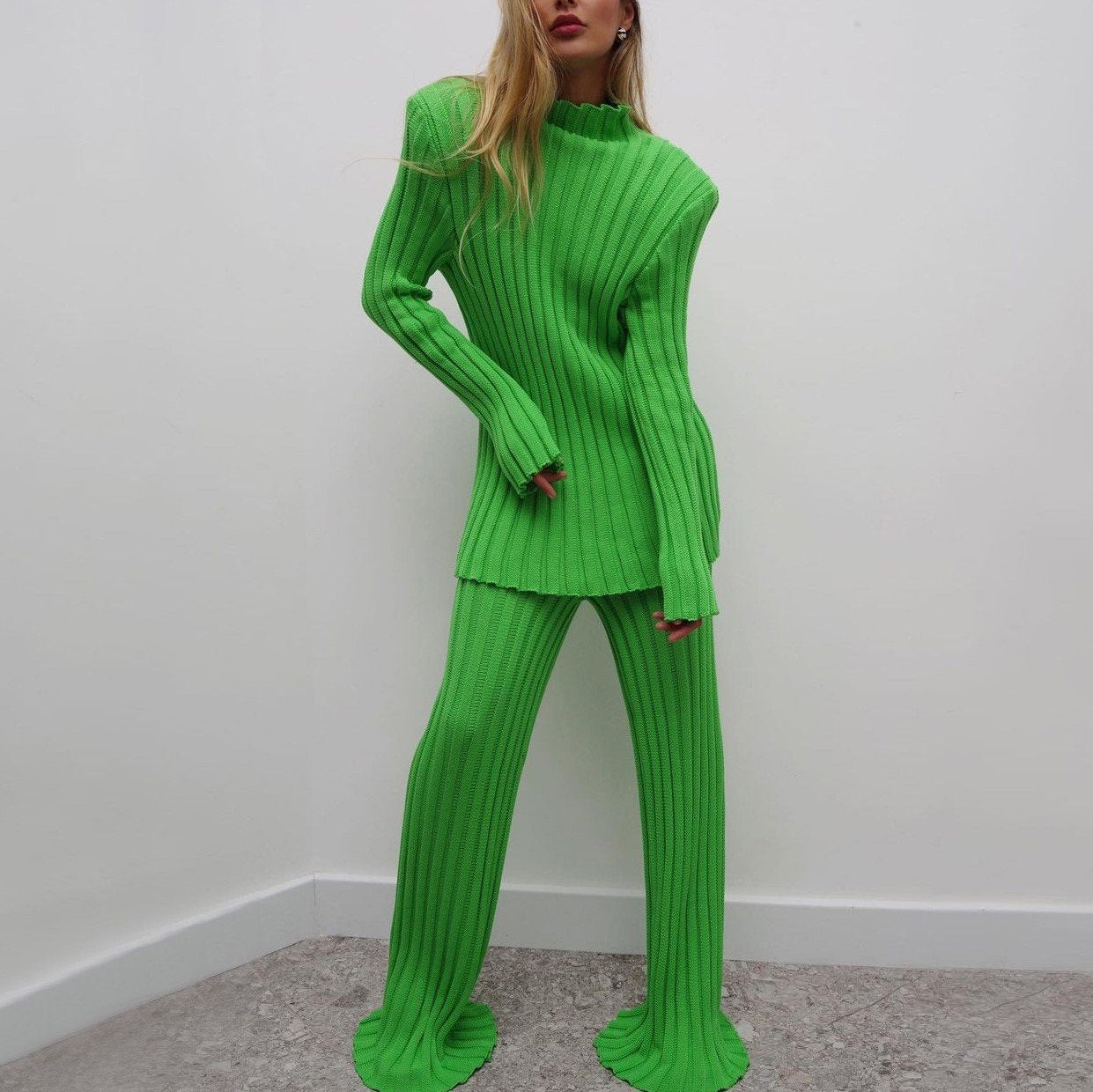 High Street Cotton Turtleneck Long Sleeve Knitted Pants Suit Women