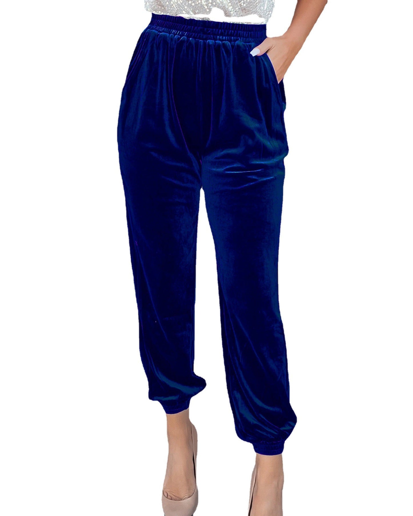 Velvet Elastic Waist Straight Leg Pants Casual Trousers