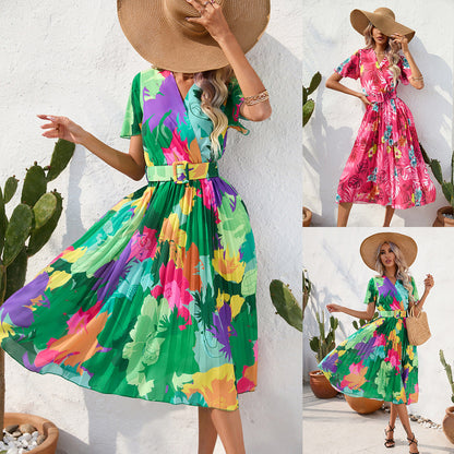 Summer Floral Print Pleated Short Sleeve Dress