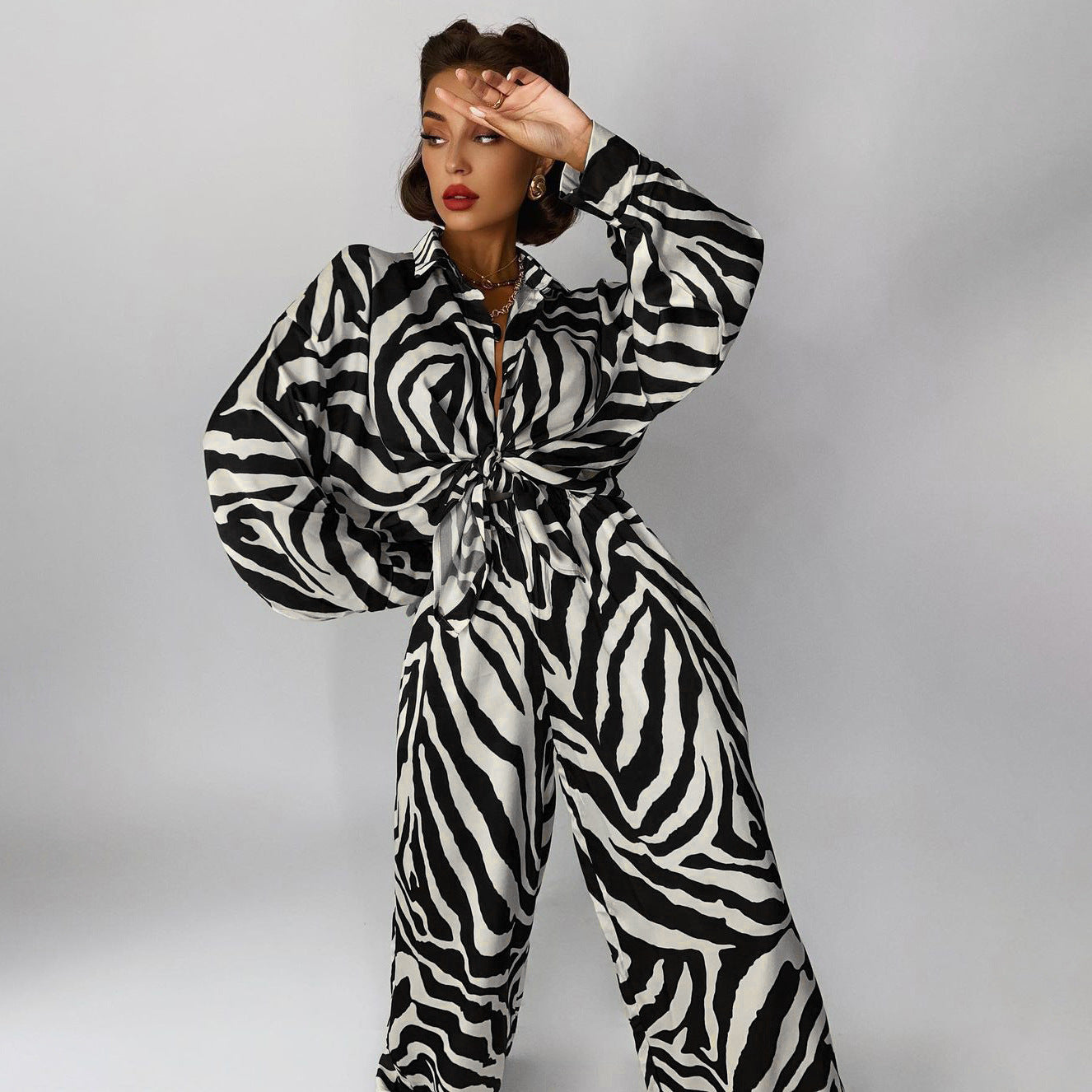 Stripes Pants Set Long Sleeve Blosue Matching Wide Trousers Suit