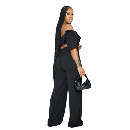 One-Shoulder Ruffled Crop Top and Wide-Leg Pants Set