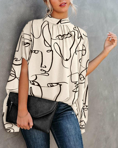 Summer Casual Fashion Print Split Batwing Sleeve Top