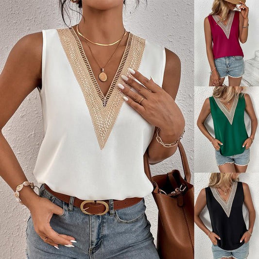 V-neck Lace Sleeveless Solid Tops