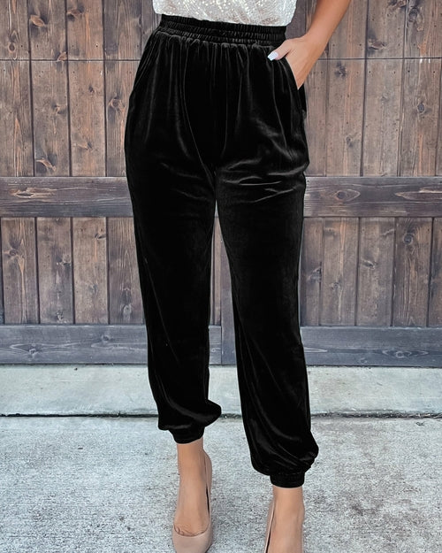 Velvet Elastic Waist Straight Leg Pants Casual Trousers