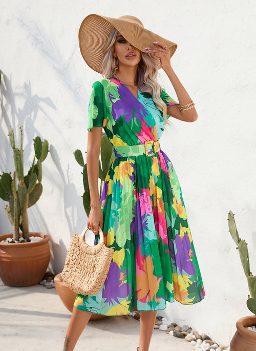 Summer Floral Print Pleated Short Sleeve Dress