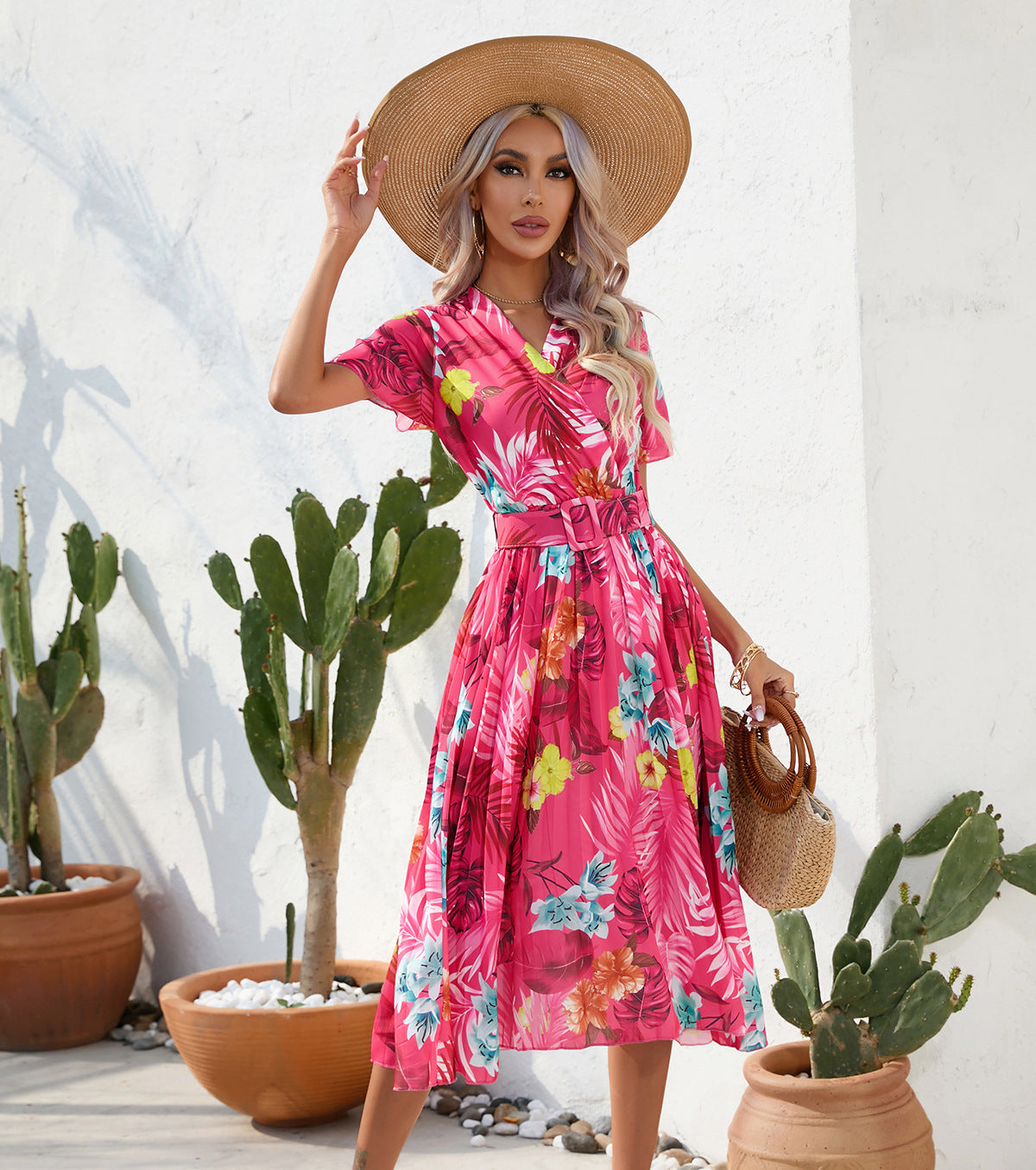 Summer Floral Print Pleated Short Sleeve Dress