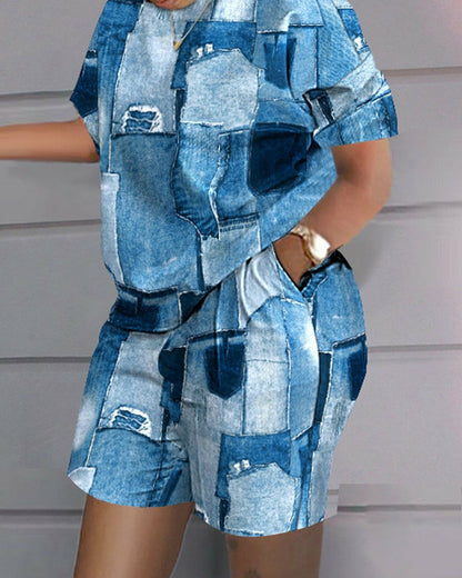 Printed Short Sleeve 2-piece Set for Women