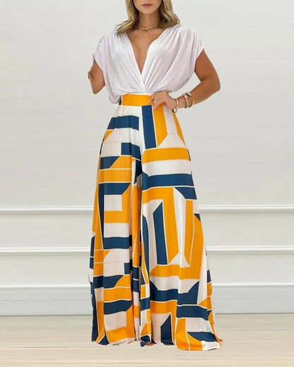 V-neck Bat Sleeve Top Printed Wide-leg Pants Suit