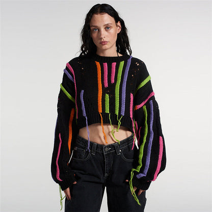 Fashion Knit Sweater with Color-block and Tassel Design