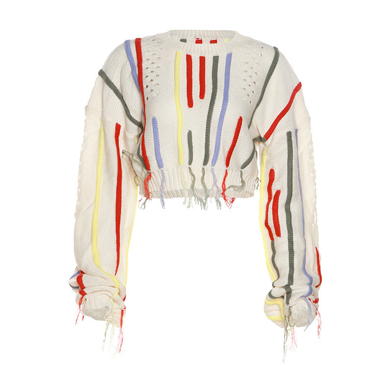 Fashion Knit Sweater with Color-block and Tassel Design