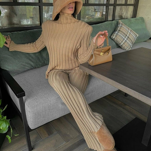 High Street Cotton Turtleneck Long Sleeve Knitted Pants Suit Women