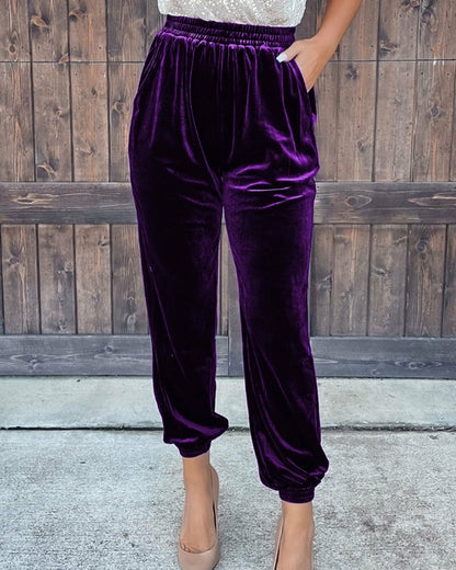 Velvet Elastic Waist Straight Leg Pants Casual Trousers