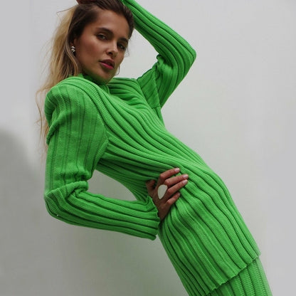 High Street Cotton Turtleneck Long Sleeve Knitted Pants Suit Women