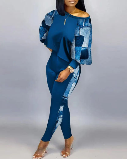 Long Sleeve Round Neck Off-Shoulder Set