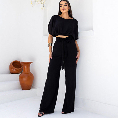 Crew neck short sleeve top lace-up high waist trousers two-piece set