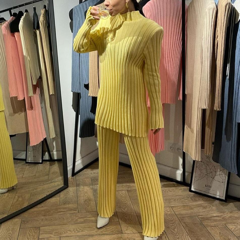 High Street Cotton Turtleneck Long Sleeve Knitted Pants Suit Women