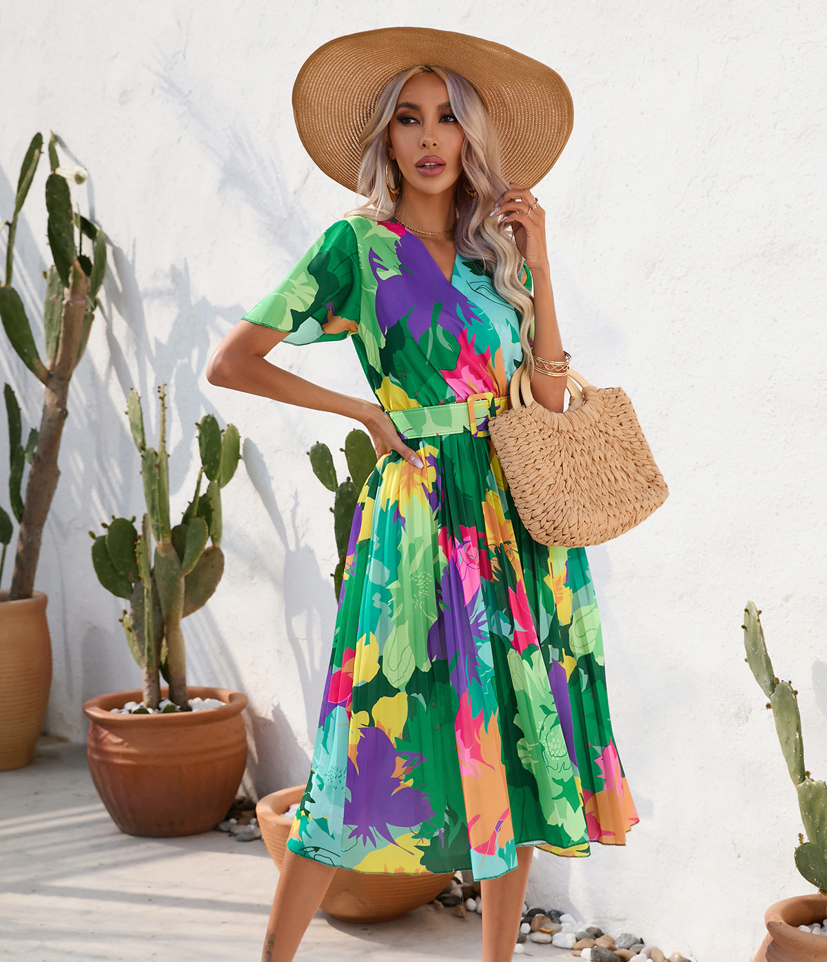 Summer Floral Print Pleated Short Sleeve Dress