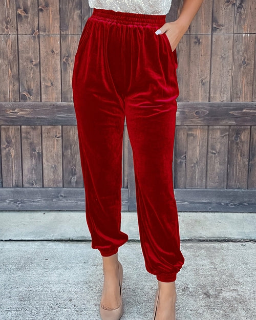 Velvet Elastic Waist Straight Leg Pants Casual Trousers