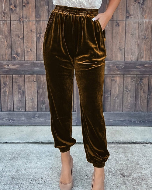 Velvet Elastic Waist Straight Leg Pants Casual Trousers