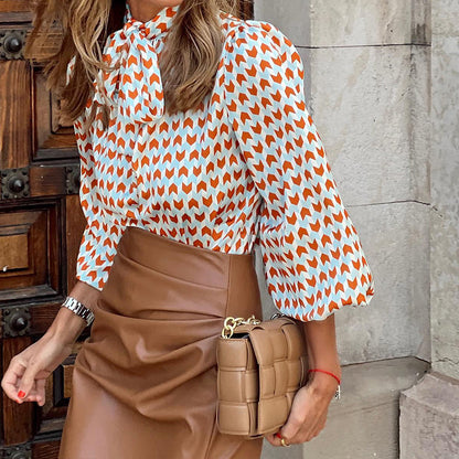 Bowknot Blouse Geometry Print Commuter Shirt