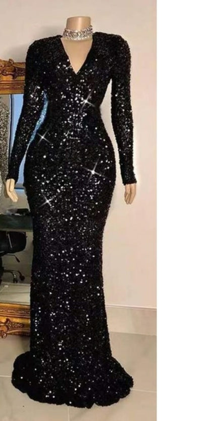 Partysix  Women Plus Size V Neck Long Sleeve Bodycon Prom Sequins