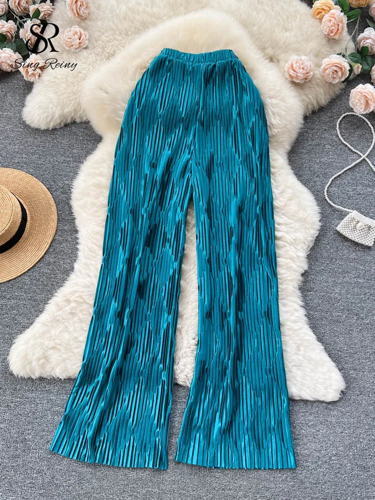 Pleated Vintage Striped Long Pants Fashion Spring High Waist