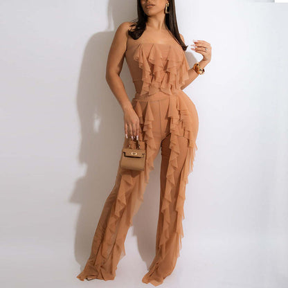 Summer Two Piece Beach Wear Mesh See Through Ruffles Suits Flare Pants