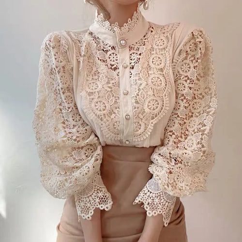 Elegant Embroidery Lace Women Blouse Flower Petal Sleeve Hollow Out