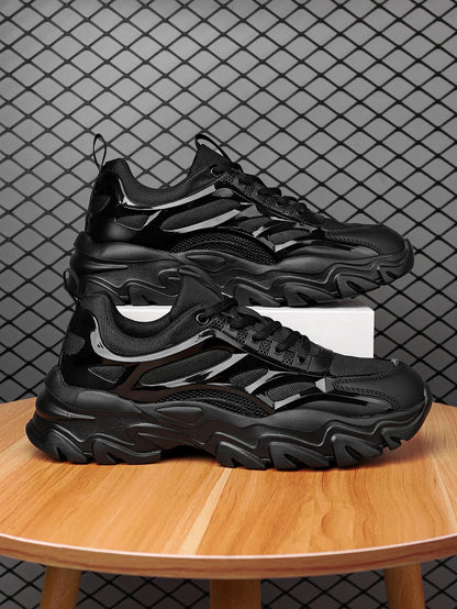 Sporty Chunky Sneakers For Men, Black Lace-up Front Sneakers