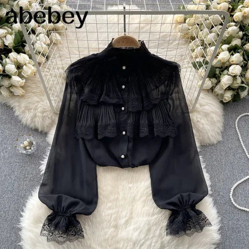 Elegant French Blouse Women Temperament Sweet Ruffles Loose Casual