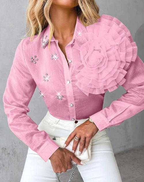 Fashion Woman Blouse Spring Rose Detail Rhinestone Single Breasted shirt