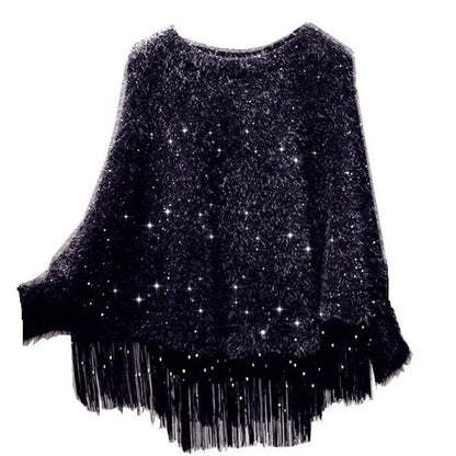 Winter Sequined Tassel Loose Cape Shawl Pullover Sweater