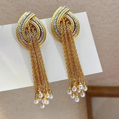 European American Style Long Tassels Pearl Pendant Earrings